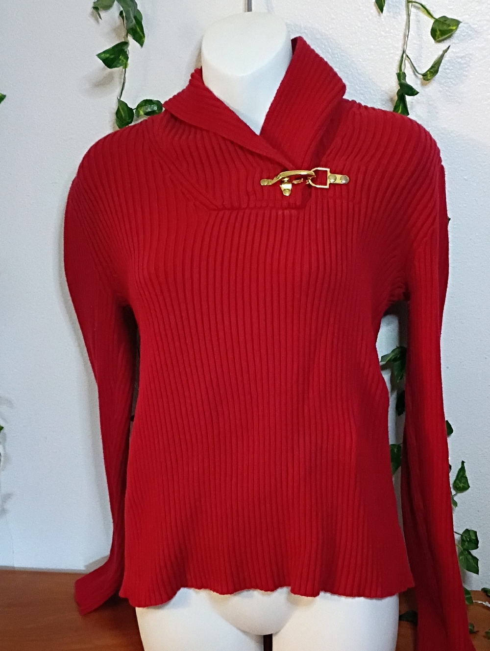 Ralph Lauren Red Ribbed Turtleneck Sweater with Gold Buckle